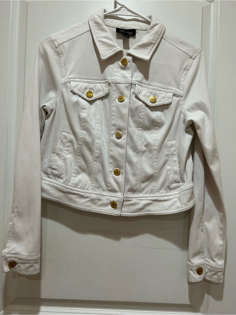 Thalia Sodi White Denim Jacket with Gold Buttons